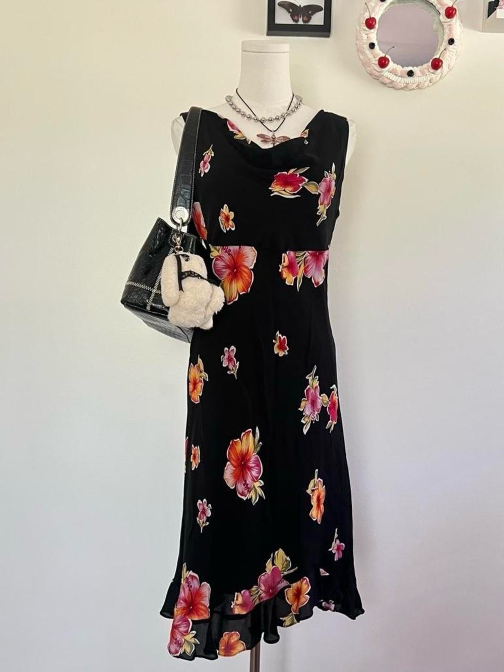 Donna Ricco Black Midi Dress with Pink & Orange floral Print